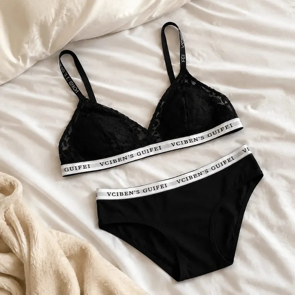 Comfortable Letter Design Lingerie Set Lace Wireless Women Underwear Suit Color Blocking Deep V Bra Panties Set Girl