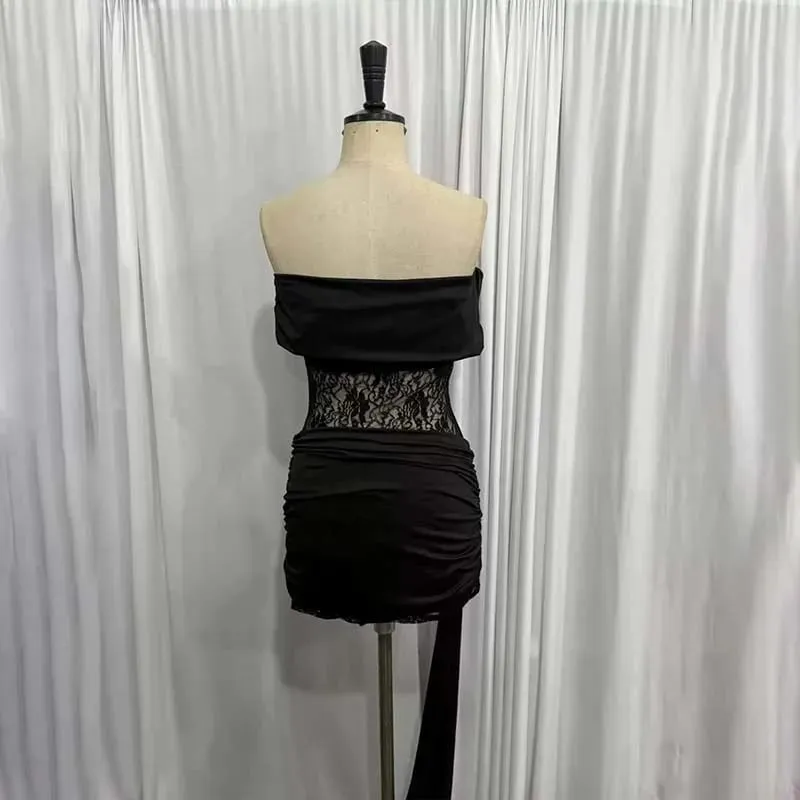 Townlike Pleated Slim Bodycon Dress Women Off Shoulder Mini 2025 Summer Dress Lace Patchwork Nightclub Sexy Party Dresses