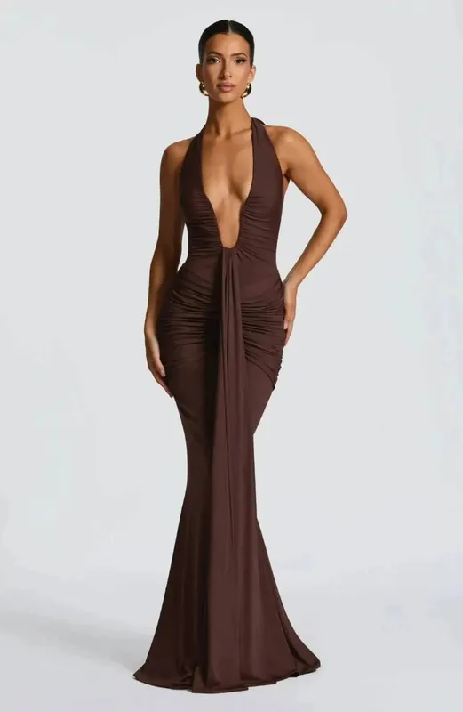 Giyu Sexy Evening Club Party Dresses Women 2025 Summer Ruched Bodycon Dress Deep V Neck Halter Draped Backless Elegant Robe