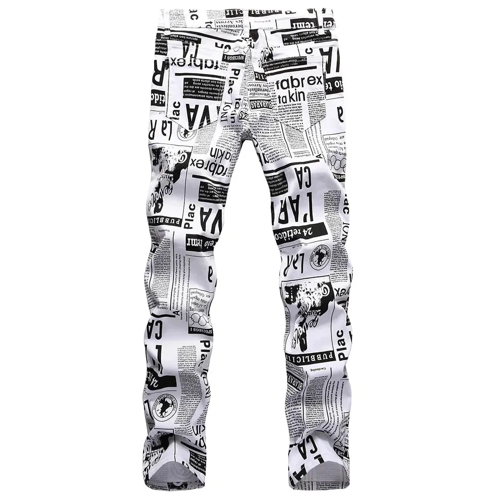 Men Newspaper Print Jeans Fashion Letters White Denim Pants Casual Slim Tapered Costume Trousers
