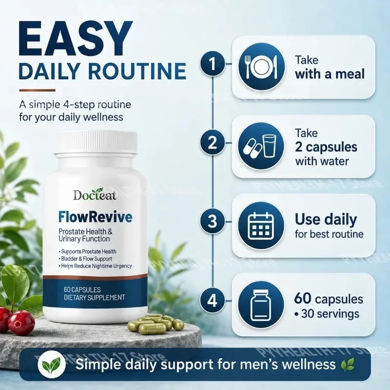 Docteat FlowRevive Prostate & Urinary Support Capsules with Saw Palmetto Pumpkin Seed and Pygeum Bark Extract - 60 Capsules