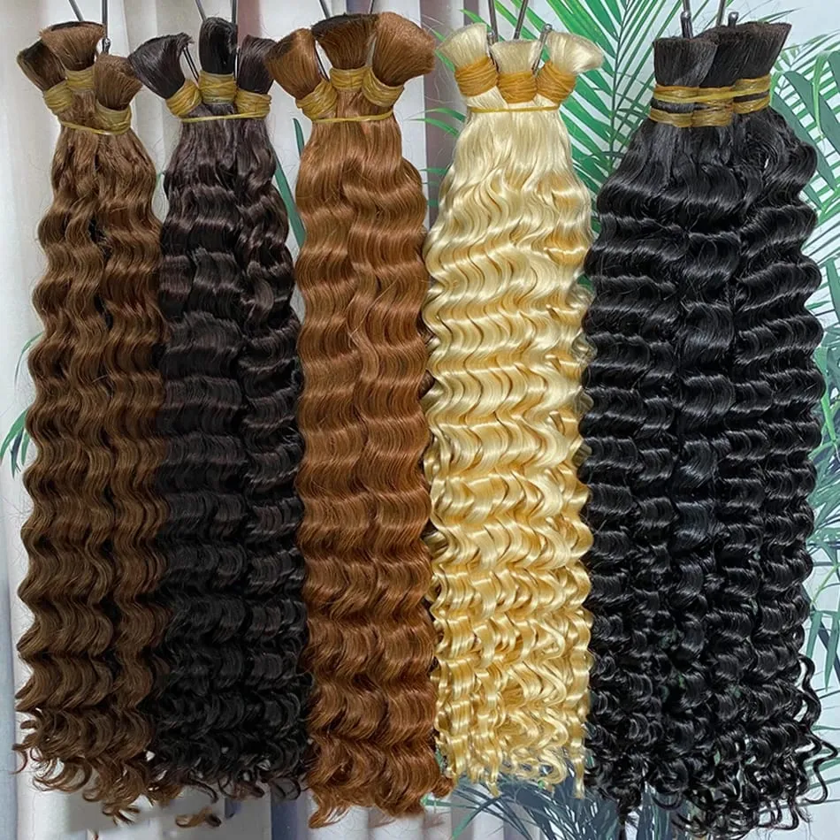 4# Chocolate Brown Deep Wave Bulk Human Hair for Boho Braids Curly Braiding Hair 18-30 inch Remy Hair Bundle Brazilian