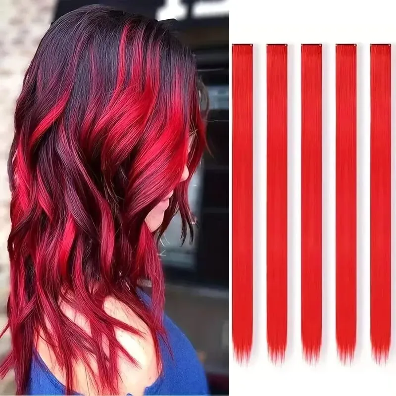 Synthetic Colorful 5pcs/set Clip Hair Extensions High Temperature Long Straight Hairpieces for Women Daily Party Use