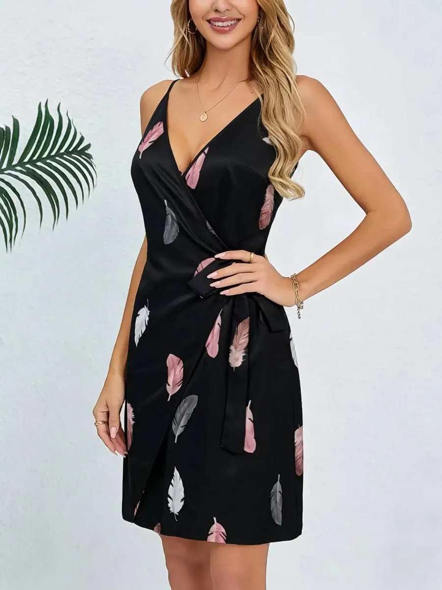 Mini Dress Spring Summer Women Black Satin Feather Print Spaghetti Strap Deep V Wrap Belted Casual Sexy Vacation Dress — image 5