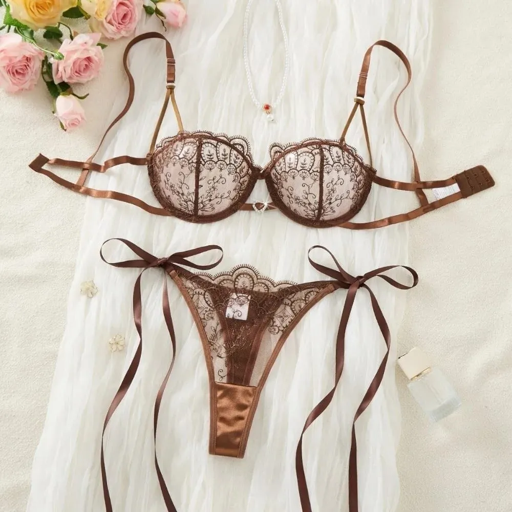 Elegant Floral Embroidery Lace Lingerie Set Lace-up Hollowed-out Thong Bra Suit Mesh Transparent Ultra-thin Underwear Sets Lady