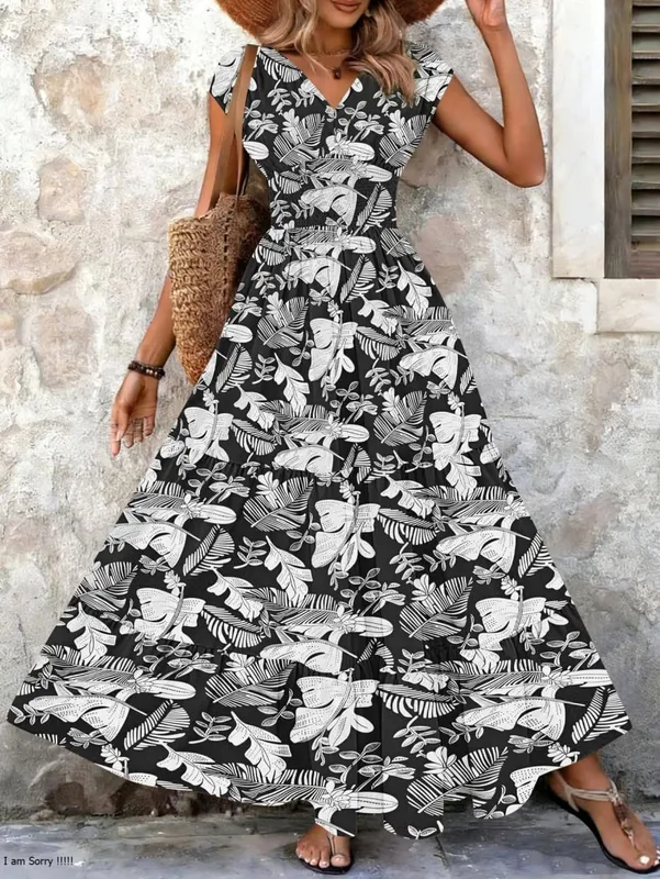 2026 Vintage Floral Print Dress Elegant V-Neck Short Sleeve Long Women's Fashion Retro Gown