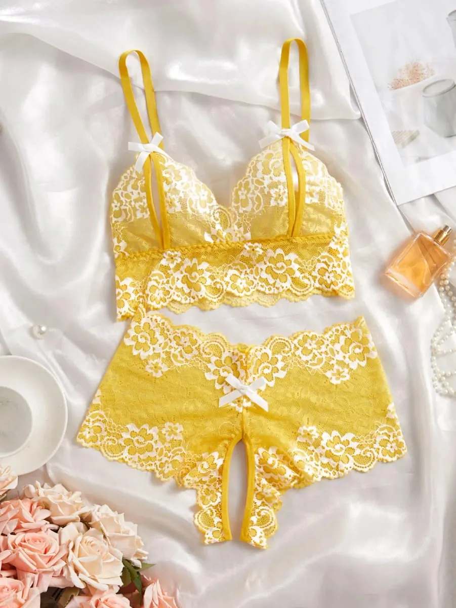 Sexy Lingerie Set Women Lace Bra And Panty See Through Floral Embroidery Bralette Transparent Erotic Underwear Bow Nightwear