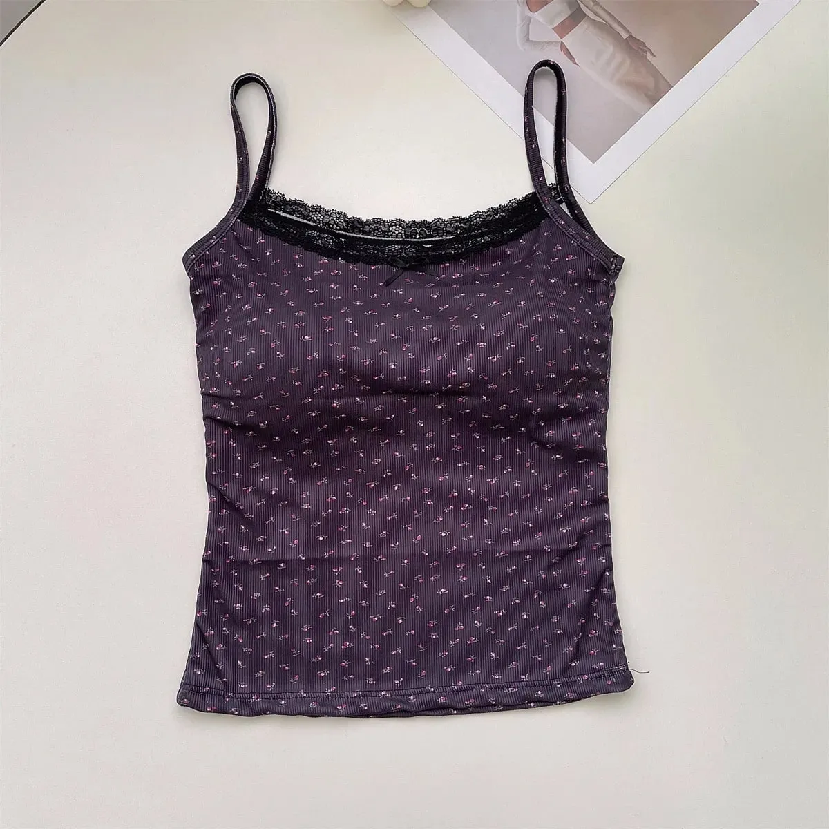 Elegant Lace Flower Print Camis 2026 Slim Sexy Vest Floral Tops One Size Floral Tank Tops Spring