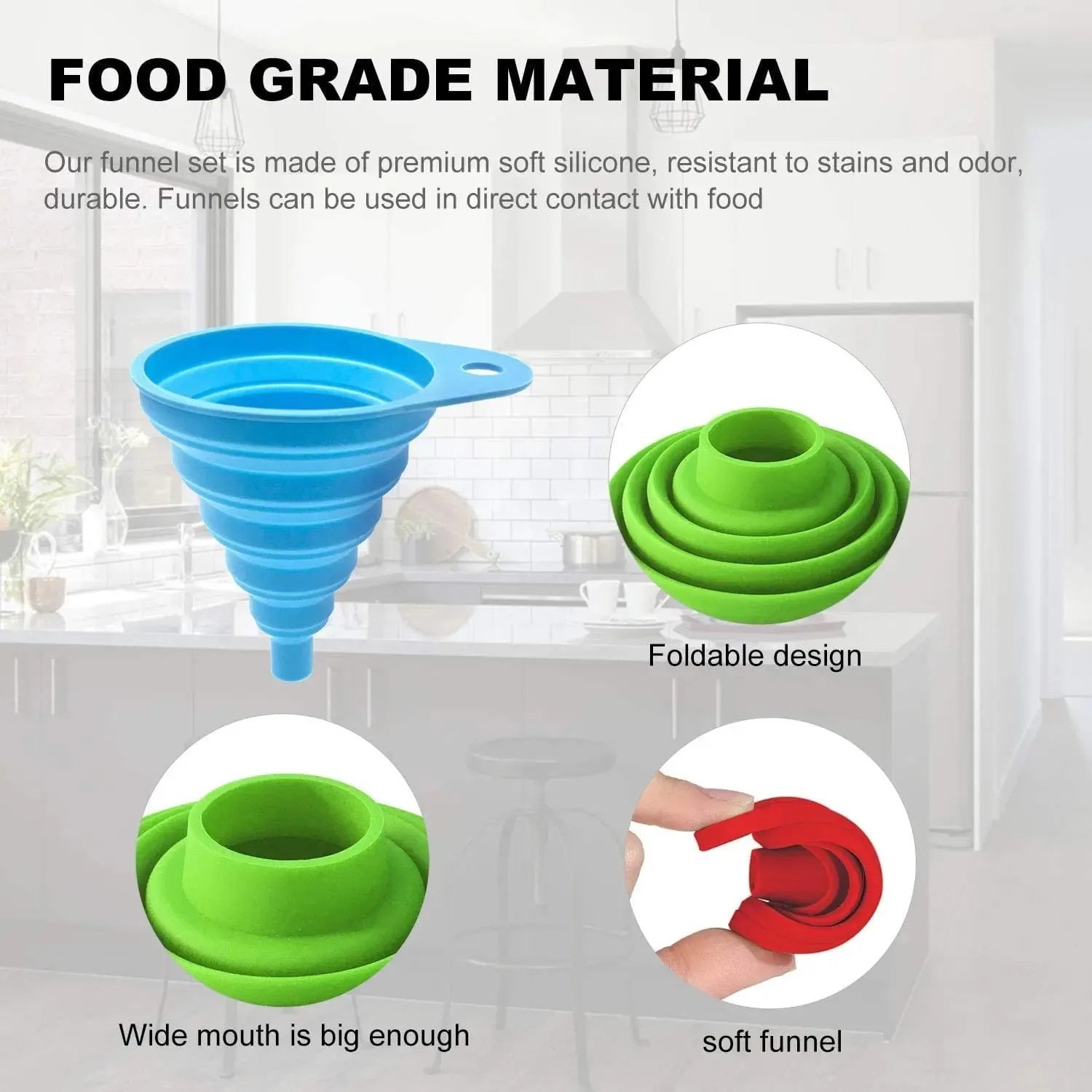 Ensemble d'entonnoirs pliables en Silicone, 3 pièces, grand pot de conserve pliable pour bouche Large et bouteilles régulières, remplissage à usage de cuisine