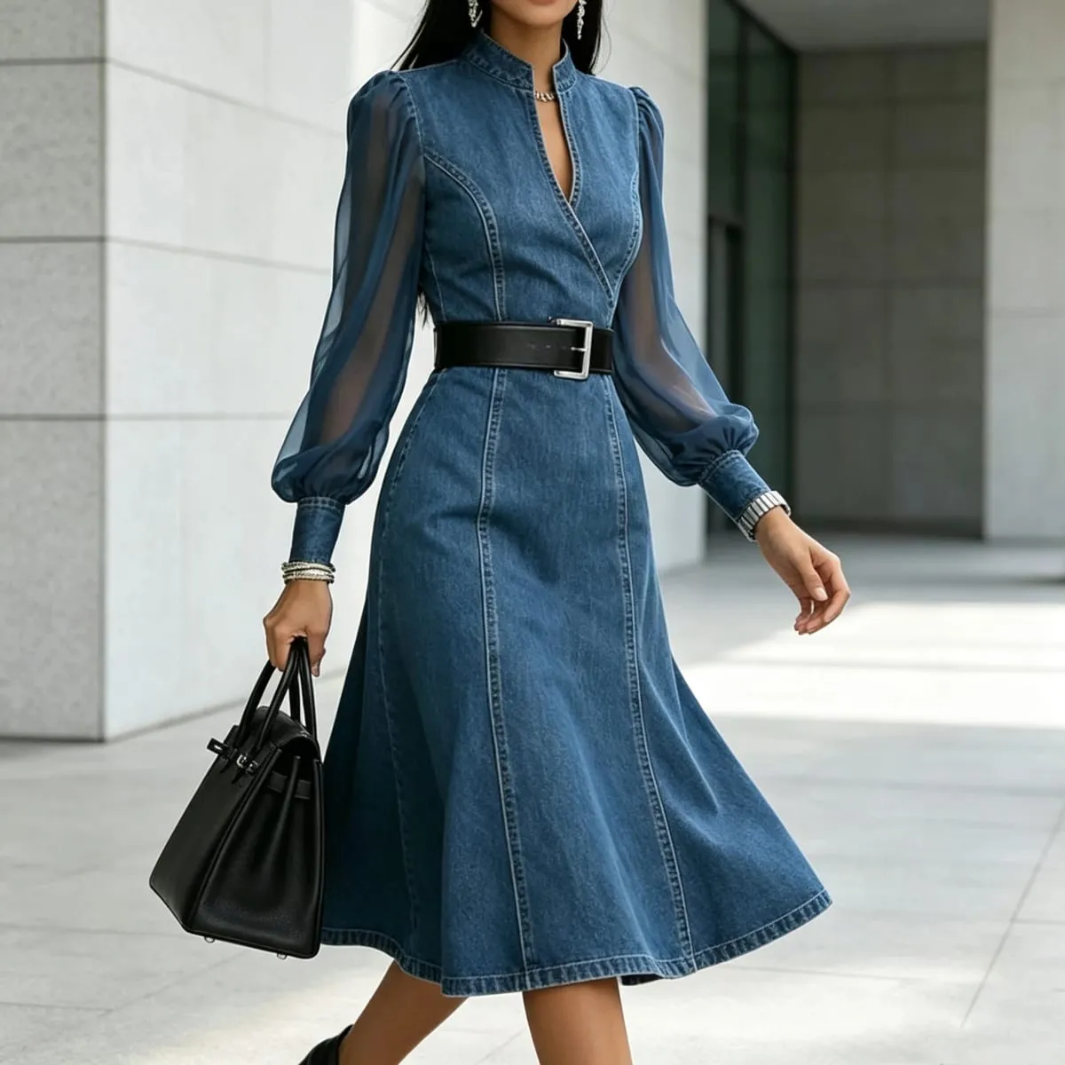 Streetwear Denim A-Line Dress Summer Women Tulle Puff Long Sleeve See Through V Neck Maxi Dresses Vintage Jean Dress With Belt