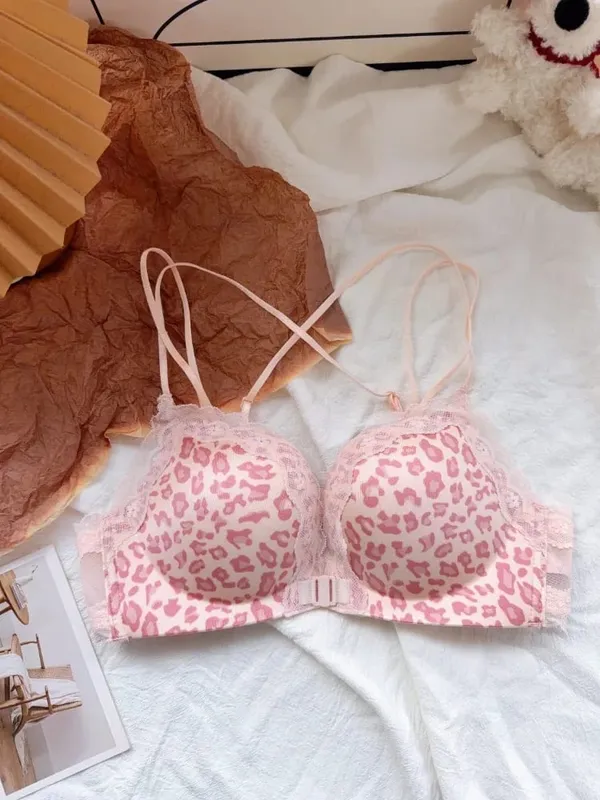 Comfortable Leopard Print Front Fastening Bra Set for Women Backless Small Chest Enhancing Hot Sale Lingerie