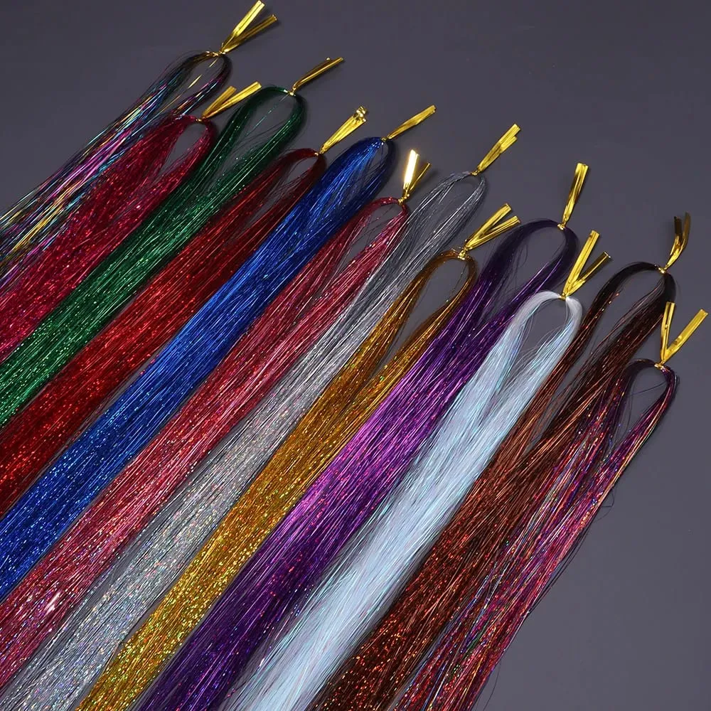 3pcs/pack 120cm Multicolor PET LLaser Hair Tinsel Strands Metallic Hair Extensions for DIY Party Cosplay Hair Decor Accessories