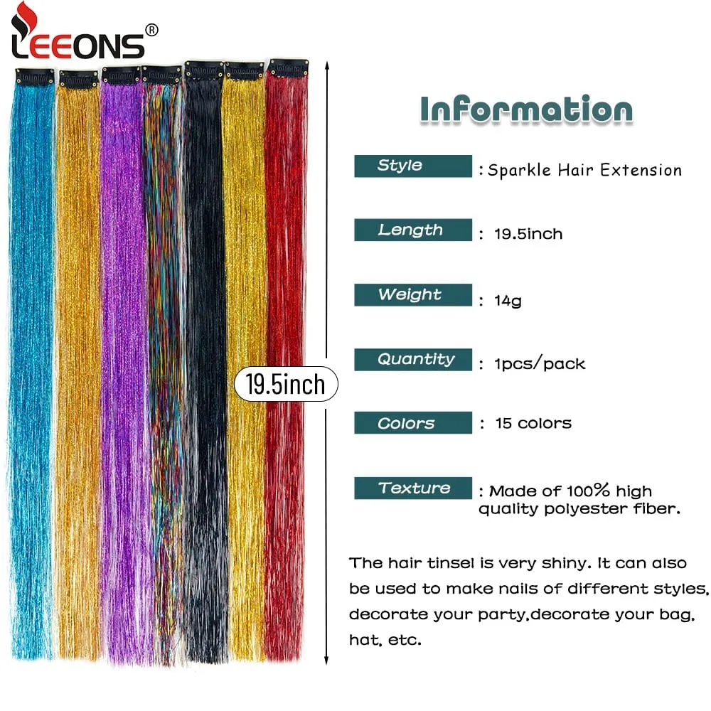 Straight Rainbow Colored Party Highlights Clip On In Hair Extensions Bling Hair Piece Synthetic Hairpieces Sparkling Tinsel Red — image 5