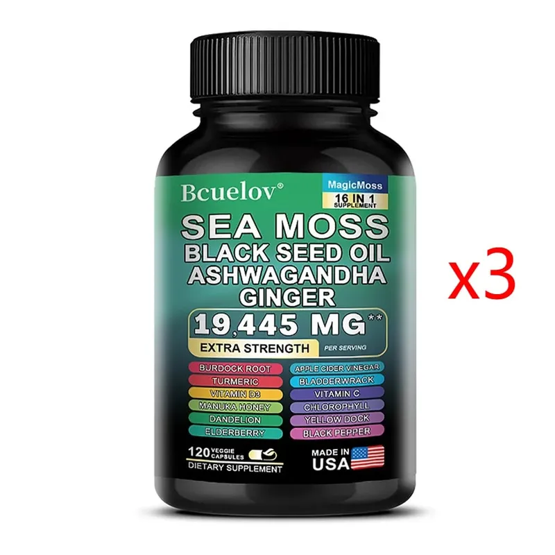 Sea Moss Capsules with Black Seed Oil Ashwagandha Turmeric Complex Energy Immune Digestive Skin & Stress Relief Support
