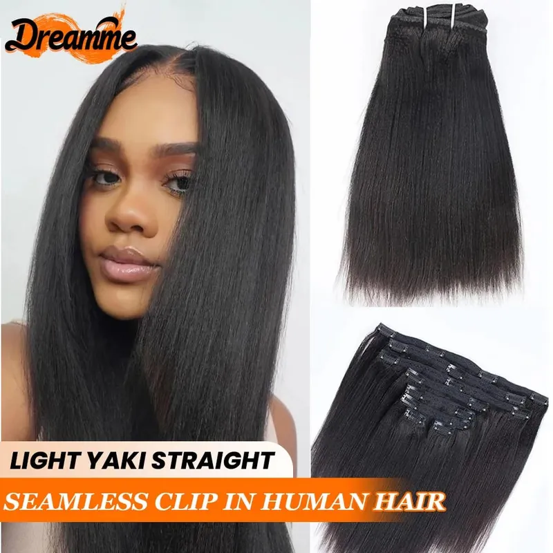 Seamless Light Yaki Straight PU Clips In Human Hair Extensions Natural Color Invisible Weft In Brazilian Remy Human Hair 110G — image 1