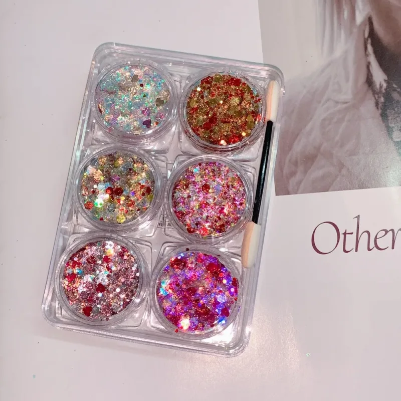 6Pcs/Set Sparkly Colorful Eye Glitter Gel Festival Glitter Face Hair Sequin Gel Cream Heart Star Moon Sequins