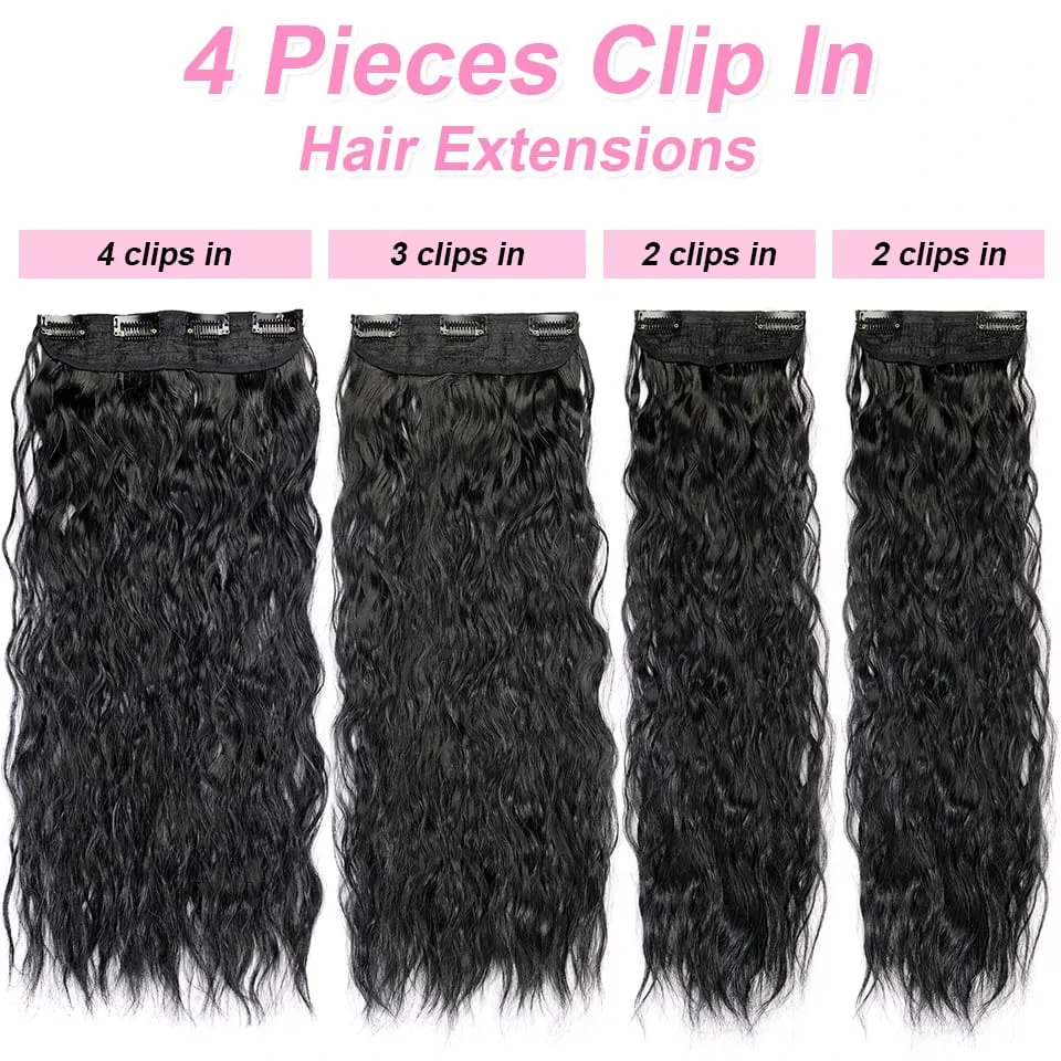 4PCS set Clip in Hair Extensions Natural Black Corn Wavy 20'' Long Curly Thick Synthetic Hairpieces for Women Girls Daily Party — image 5