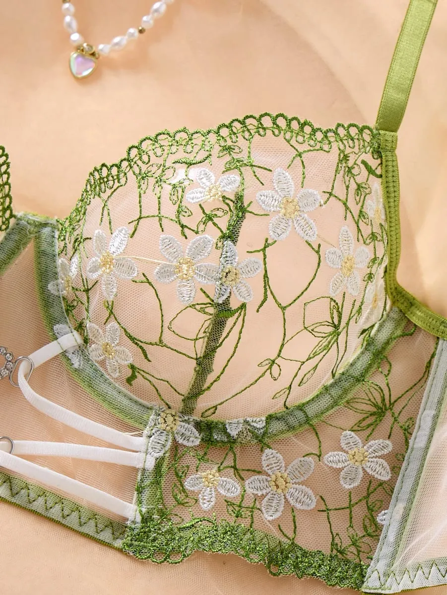 Women Green Daisy Floral Embroidery Lingerie Set Sheer Mesh Heart Metal Buckle Underwire Bra & Thong 2‑Piece Intimate Underwear