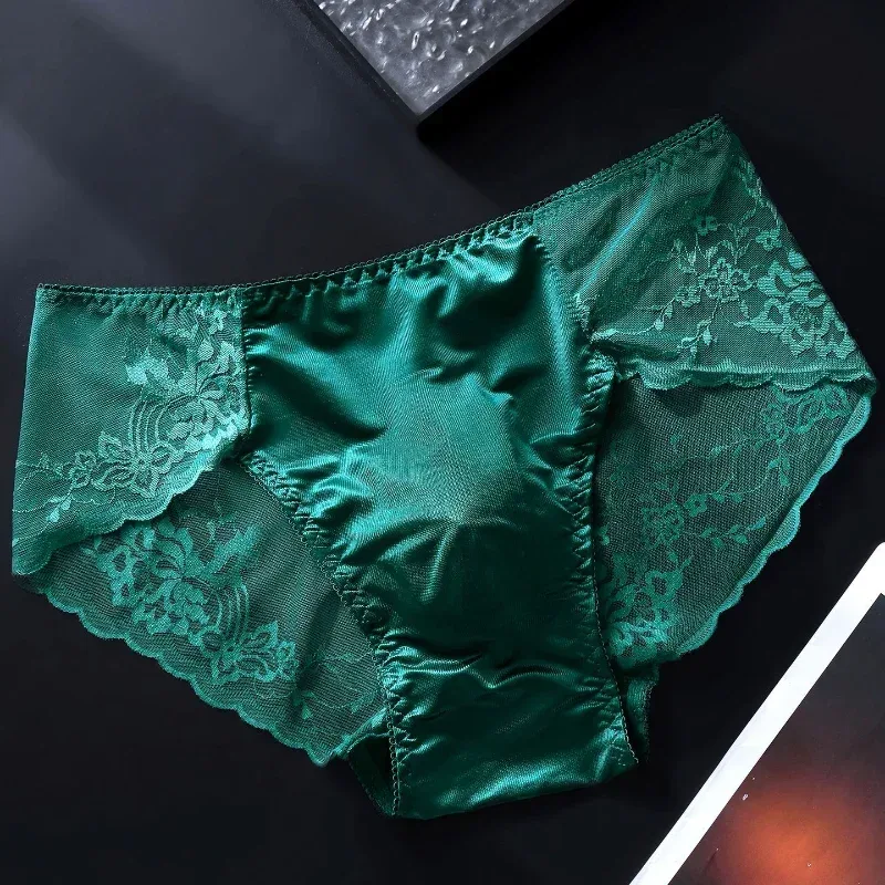 Men's Lace Briefs 3d U Convex Pouch Lingerie Ice Silk Breathable Thin Underwear Sexy Low-Rise Panties Sissy Feminization