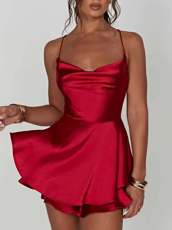 Satin Silke Kvinder Sexet Cami Playsuits Kjole Solid Cowl Neck Ærmeløse korte jumpsuits Sommer Cross Tie-Up Rygløs Romper