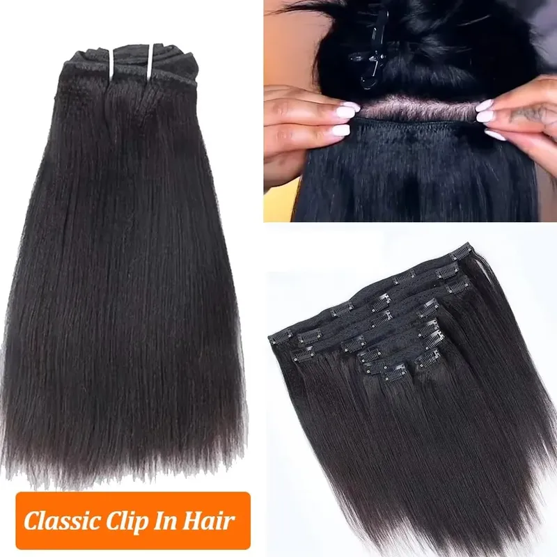 Seamless Light Yaki Straight PU Clips In Human Hair Extensions Natural Color Invisible Weft In Brazilian Remy Human Hair 110G