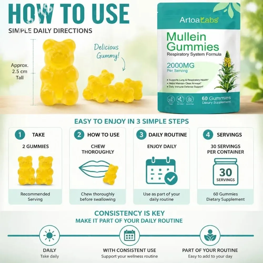 ArtoaLabs Mullein Gummies 2000mg 50:1 Extract for Respiratory Health & Clear Airways Supports Daily Immune Defense 60 Gummies