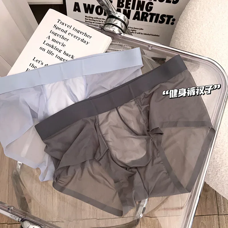 Slips transparents pour hommes Ultra-mince en soie glacée culotte à séchage rapide Sexy U poche bombée sous-vêtements pour hommes caleçons respirants Cuecas