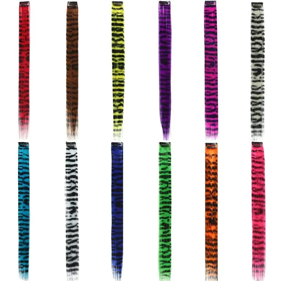 Stripe Printed Clip in Hair Extensions Colorful Synthetic Hair Highlights 18 Inches Straight Wig Hairpieces for Daily Use Party