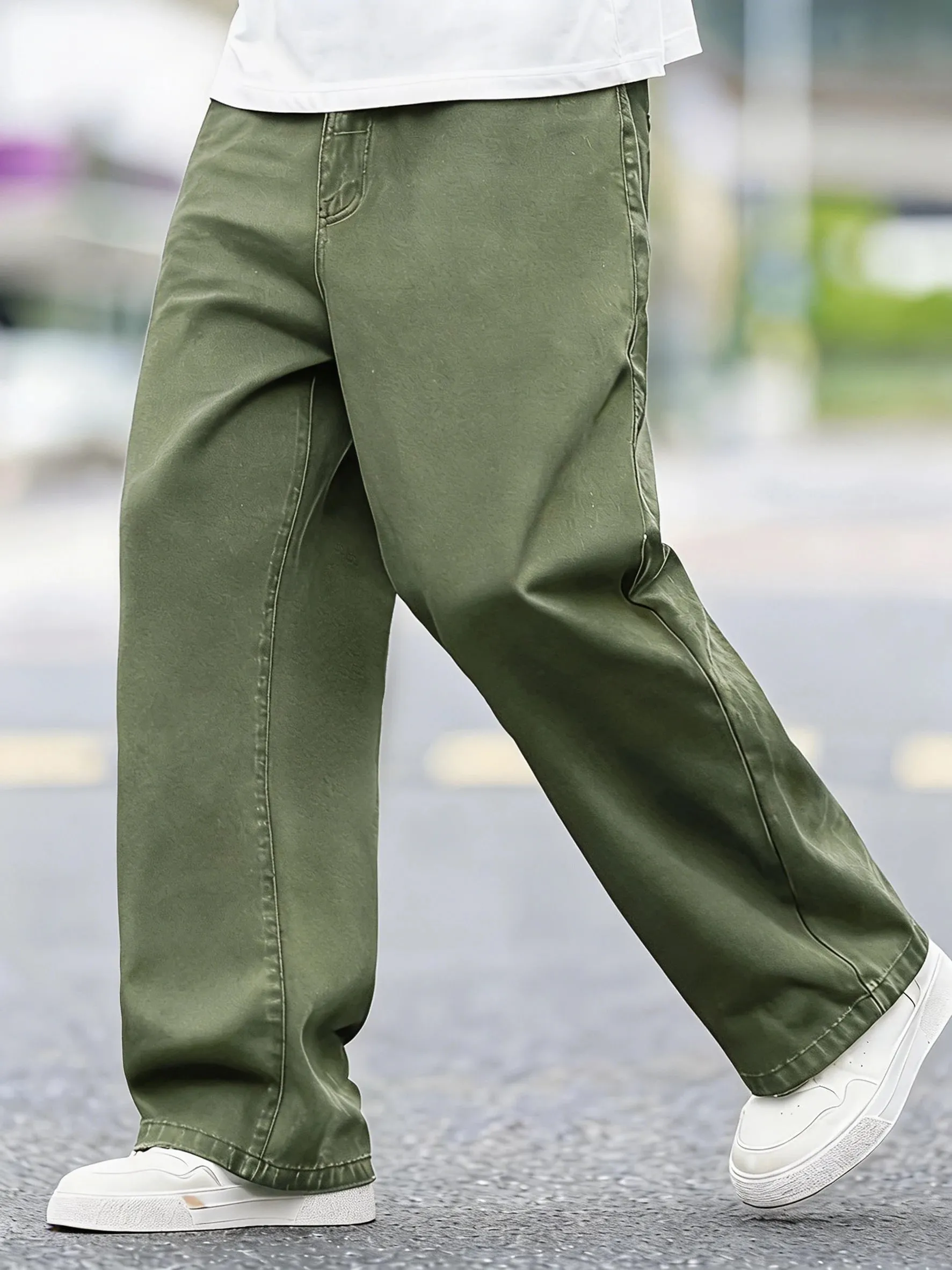 American Retro Olive Green Loose Jeans Street Fashion Casual Simple And Versatile Trousers For Men