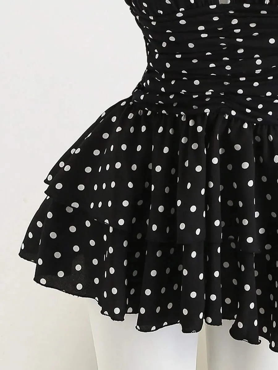 New Street Spicy Girl Digital Printed Design with Neck Hanging Sleeveless Short Thin Waist Cake Skirt