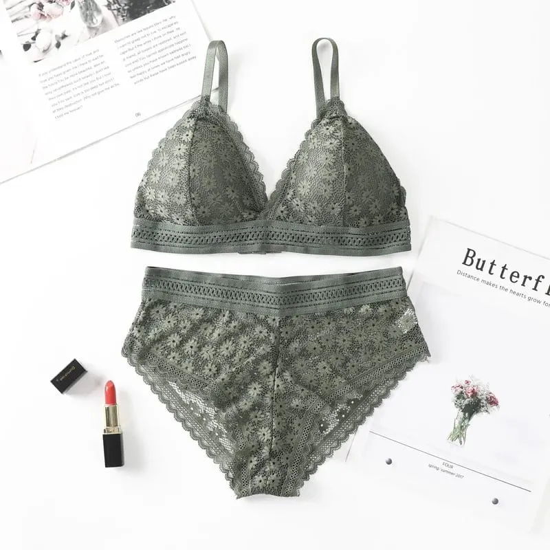 Lace Back Women Bra Set Without Steel Rims French Triangular Cup Comfortable Chest Covering Stretchable Skin Friendly Underwear