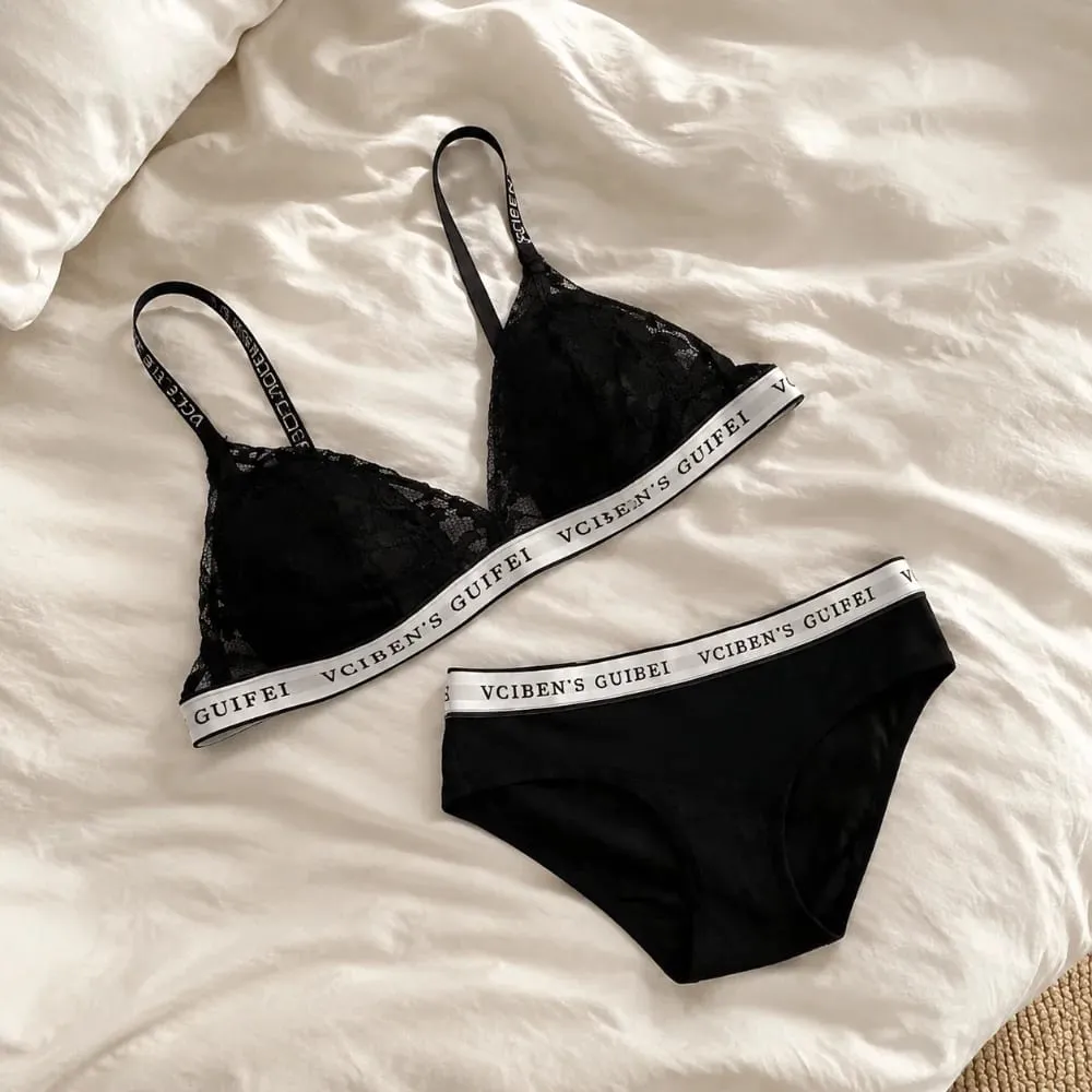 Bra Suit Letter Design Lingerie Set Lace Wireless Women Underwear Suit Deep V Color Blocking Bra Panties Set Famle