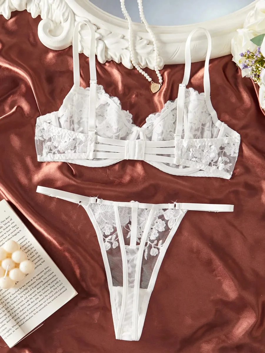 French White Embroidered Lace Underwear Set Elegant Feminine Design Bra And Panties Combo for Women