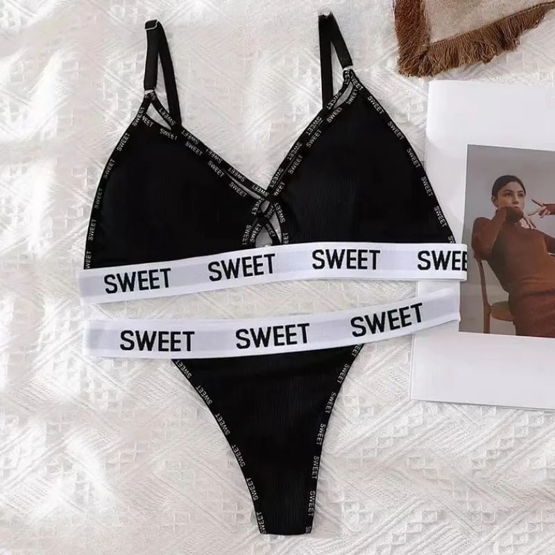 Women Padded Bra And Panties Set Front Cross Wireless Bra Low Rise G-string Female Letter Strap Underwear Sexy Lingerie Set