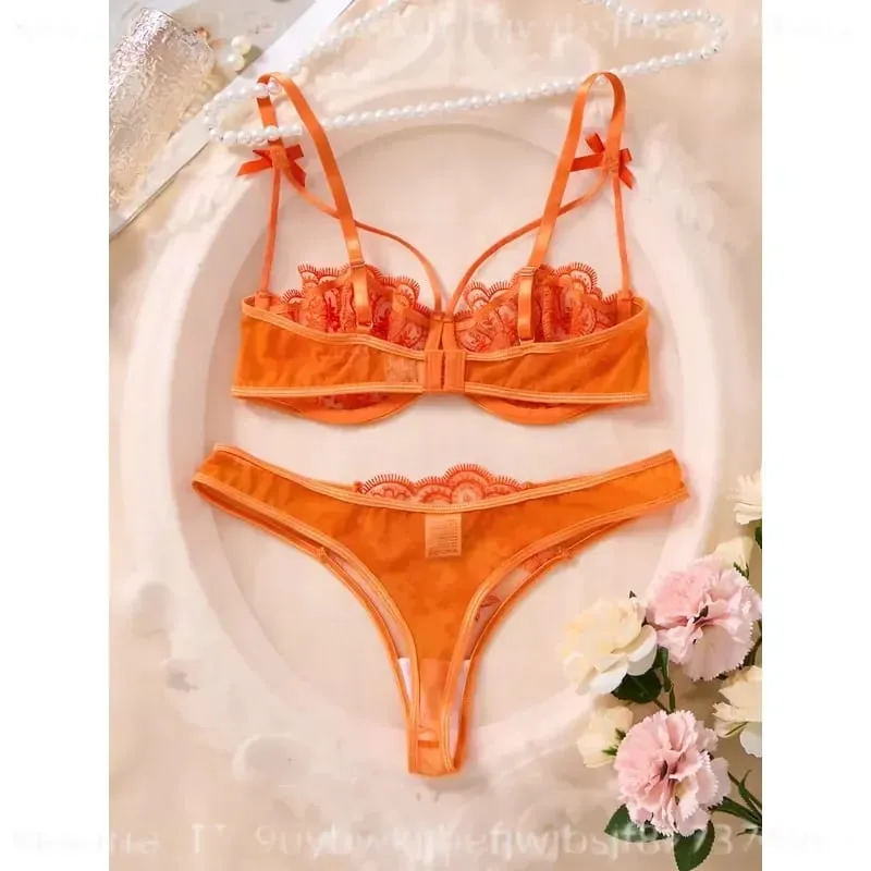 Sexy Orange Lace Lingerie Set Women Push Up Bra and Panty Butterfly Bow Underwear Female Intimates Sleepwear ZA824057