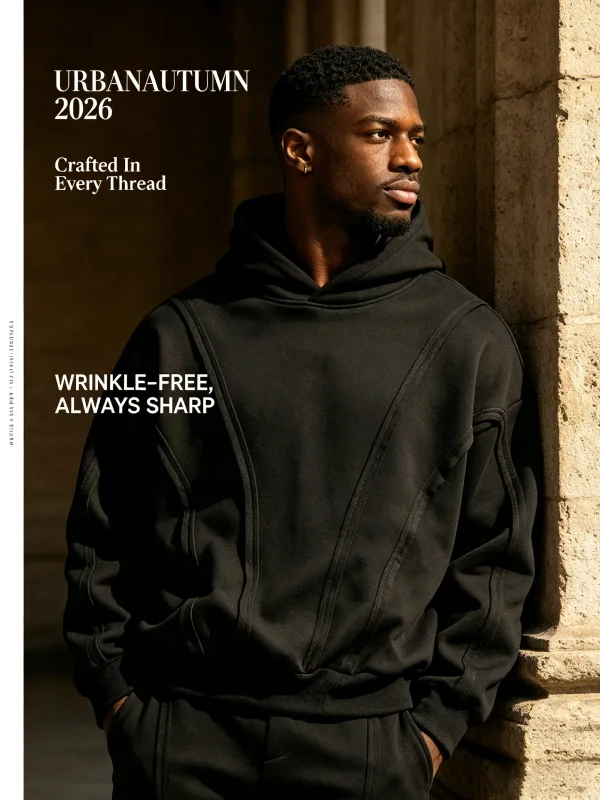 Men's hooded sweatshirt, warm and loose hooded sweater, pocket drawstring details, men's fall-winter sports jacket elastic cuffs