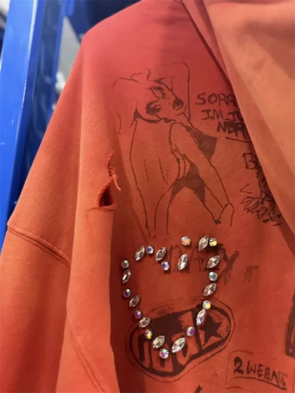 Autumn Winter New PH Hand-beading Print Vintage Washed High Street Casual Loose Cotton Versatile Hoodie Trendy Sports Top Men