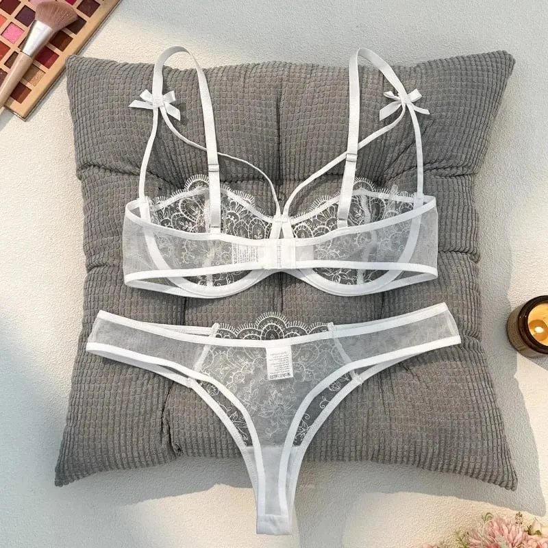 2-piece Women's Black Comfortable Lightweight Bow Womens Lace Embroidery Semi-Sheer Adjustable Strap Bra and Panty Set
