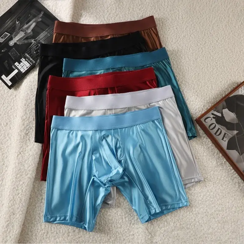 Bright Silky Smooth Underwear Men Stretch Satin Seamless Long Leg Boxer Shorts Bugle Pouch Sport Underpant Club Party Lingerie