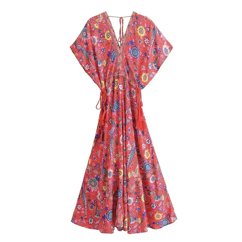 Boho Queens mujeres Pavo Real estampado Floral manga murciélago playa bohemio Maxi Vestidos señoras cuello en V borla vestido de verano Vestidos
