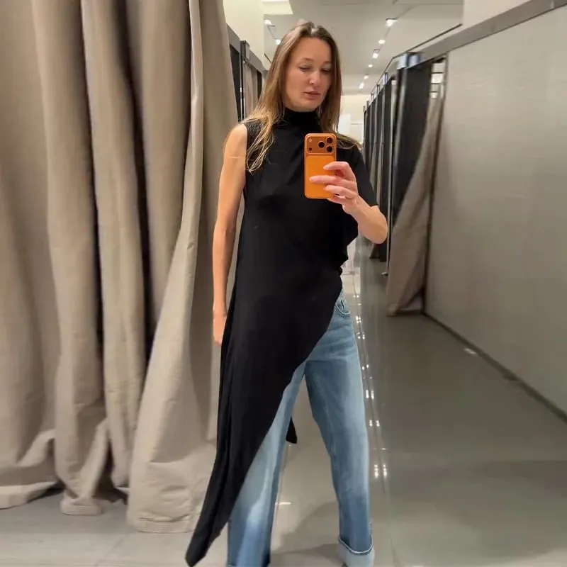 Asymmetric Hem Puff Sleeve Midi Dress Solid Boat Neck Slim Fit 2026 Summer Chic Elegant Party Women Evening Office Evening Gown
