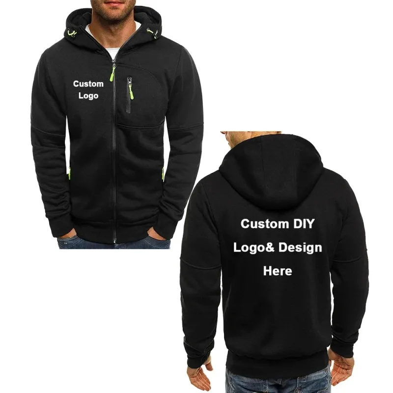 Men's hooded zipper jacket with pockets custom logo image text casual sports streetwear men's cardigan wool sweater fashion — image 5