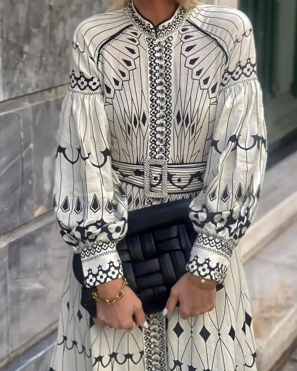 Retro Elegant Stand Collar Long Dress Women Spring Pattern Print Belted Buckle Party Autumn Sleeve A-Line Boho — image 3