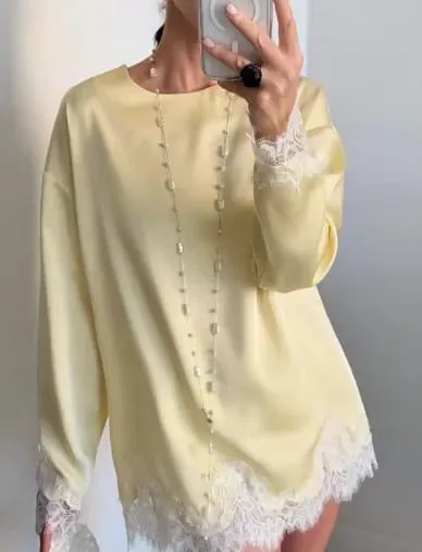 Women Elegant Lace Patchwork Lace-up Dress Solid Round Neck Full Sleeve Satin Loose Mini Dresses 2026 Spring Party Club Vestido — image 11