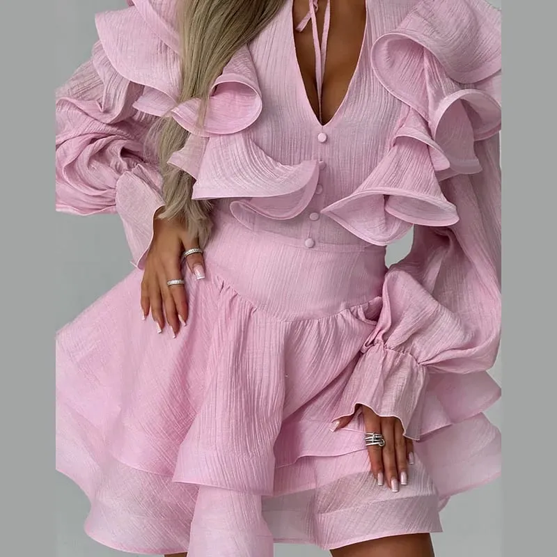 Women Solid Color Ruffle Tiered Mini Dress Long Sleeve V Neck Chiffon Fashion Dresses 2026 Summer Elegant Lady Party Chic Outfit
