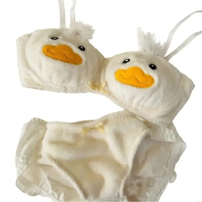 Women's 2Pcs Furry Bra and Panty Set Cartoon Duck Pattern Fuzzy Plush Wireless Underwear Japanese Anime Lingerie