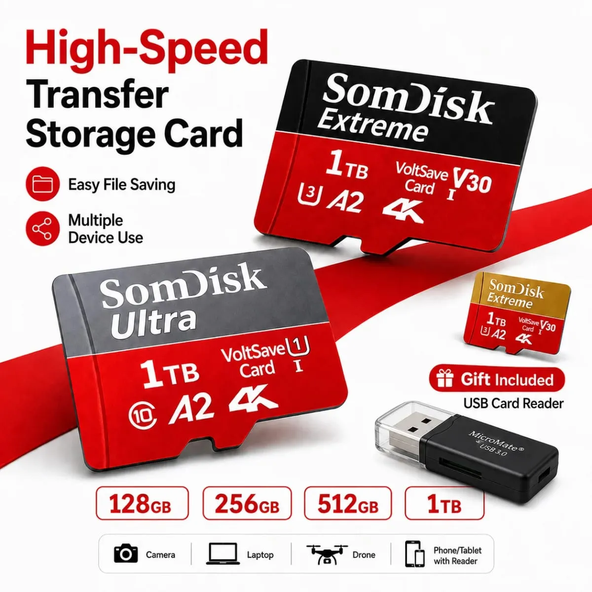 Durable Micro TF/SD Card 64GB 128GB 256GB 512GB Fast Transfer SD Memory Card USB Flash Memory Card for Mobile Phones/PC/Laptop — image 1