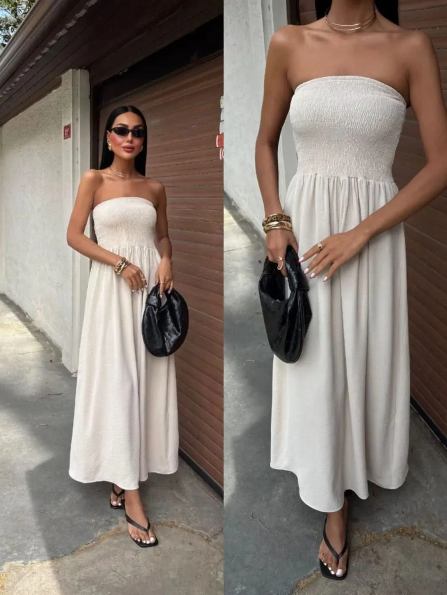 2026 New Summer Fashion Solid Color Off-Shoulder Strapless Waist-Cinching Long Dress for Women