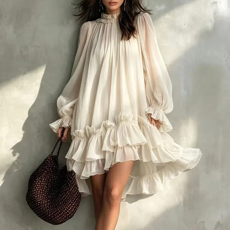 Boho Loose Swing Dress Ladies Ruffle O Neck Lantern Sleeve Multi‑Tiered Ruffle Hem Mini Dress Casual Beach Holiday Short Dresses