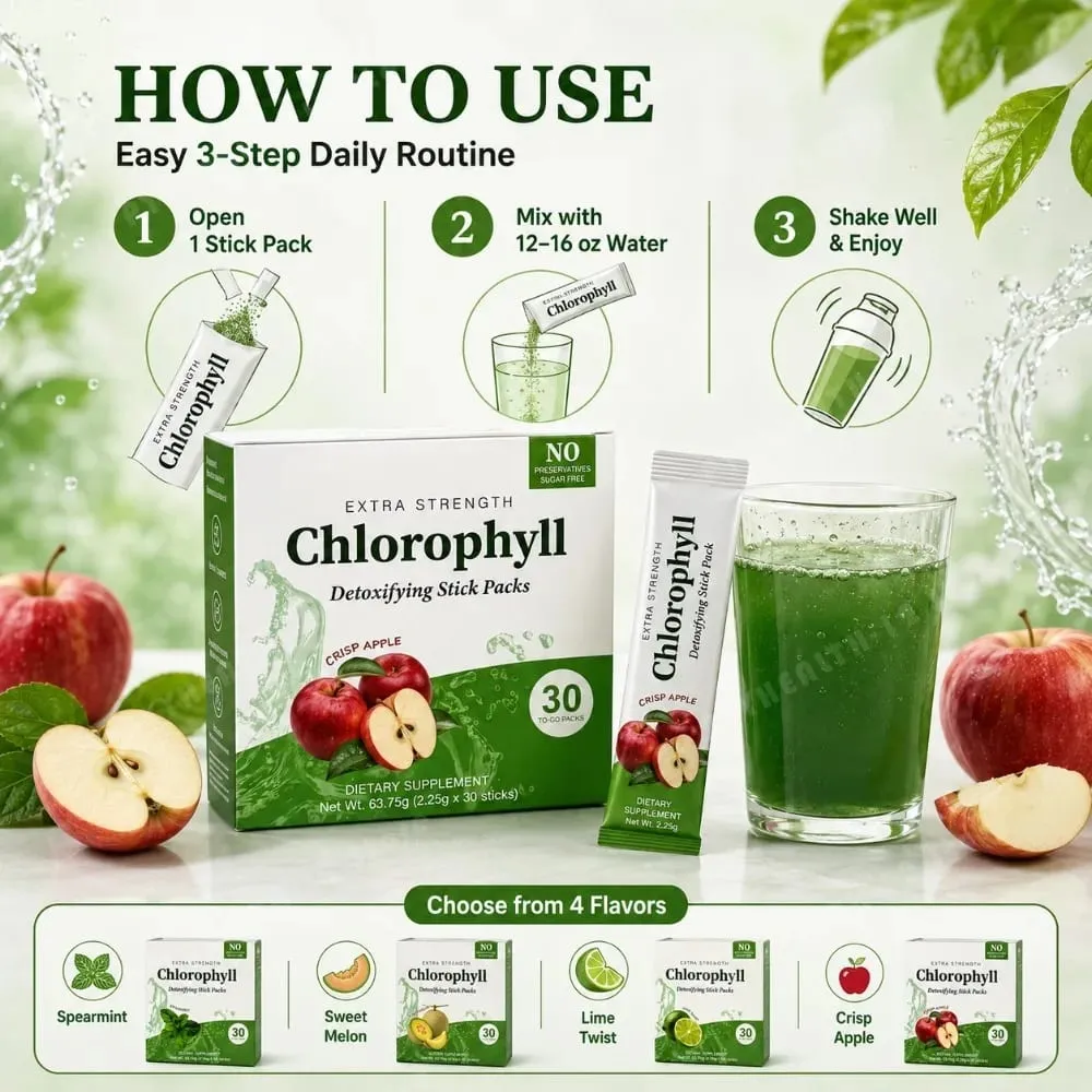 Chlorophyll Chlorophyllin 120mg Detox Stick Packs 30ct Sugar Free Prebiotic Gut Health Daily Support Non GMO Keto Supplement